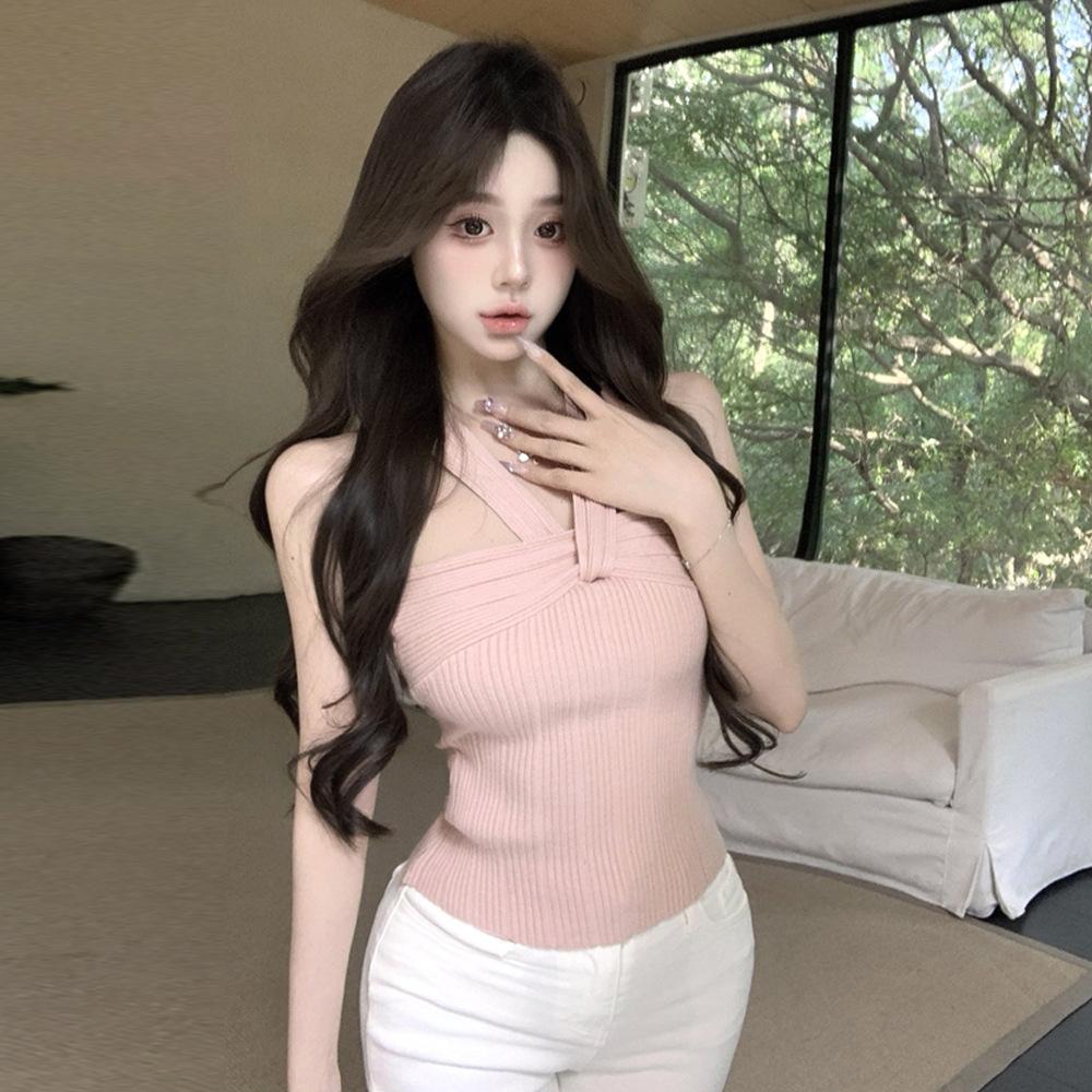 

2025 Женский розовый вязаный свитер с открытыми плечами и узким топом one size fits all розовый