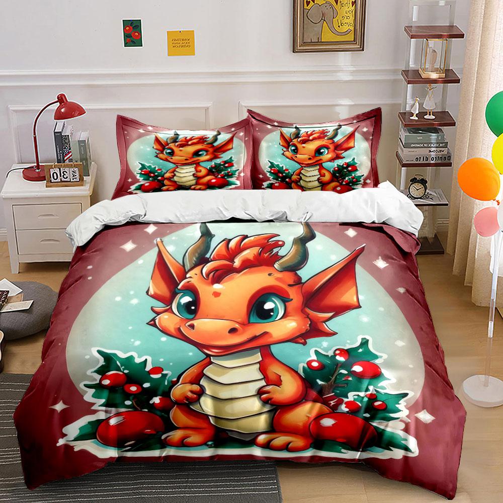 Cute Christmas Dragon Design Bedding Duvet Cover Set (1*Duvet Cover 2*Pillowcases, without duvet insert)