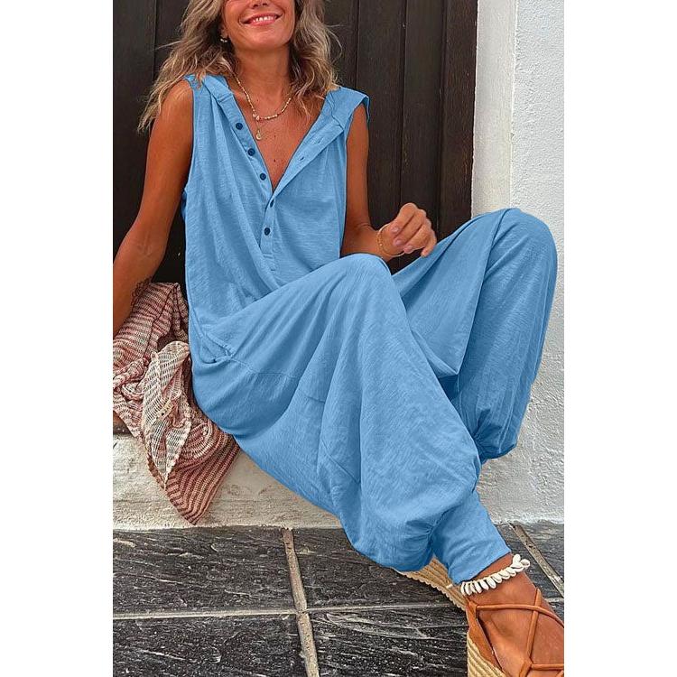 Women's Summer Casual Hooded Jumpsuit Loose Half Button Tapered Leg Romper Overall Pants