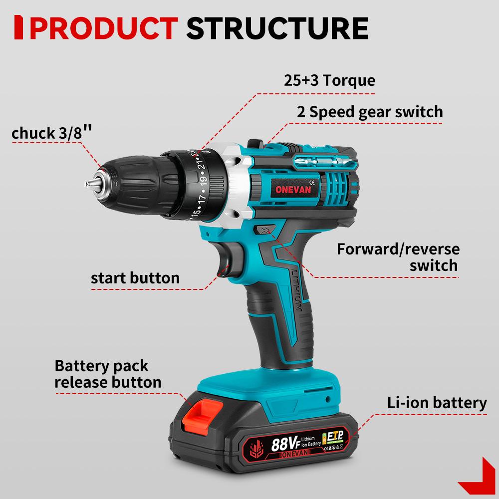 ONEVAN Electric Impact Drill 25+3 Torque 500W Cordless Electric Screwdriver Woodworking Power Tool For Makita 18V Battery Pin