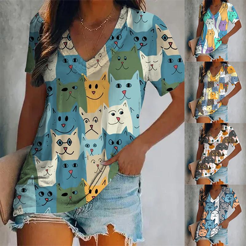 

Модная женская повседневная футболка с короткими рукавами и V-образным вырезом с милым рисунком котенка, летняя повседневная дышащая освежающая футболка большого размера