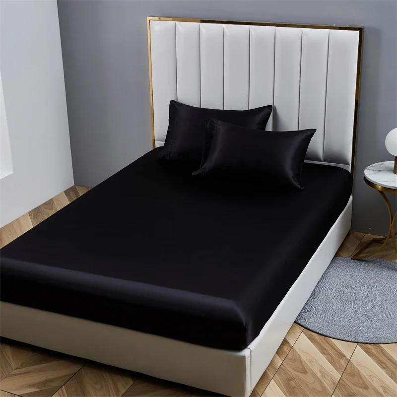 High-end Satin Queen Fitted Sheet Silky King Size Bed Sheet with Elastic Band Bedsheet Mattress Protector Cover No Pillowcase