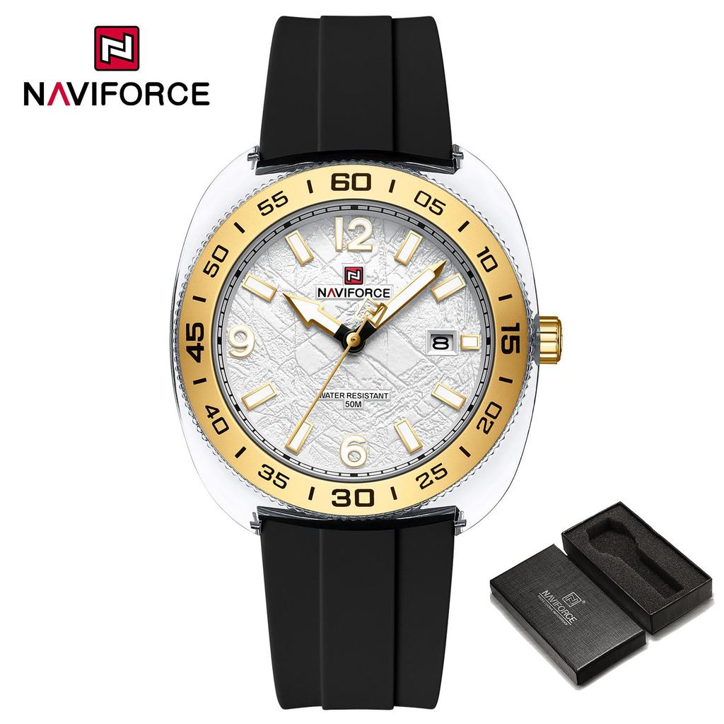 NAVIFORCE Original Men Calendar Watch Quartz Movement Round Case Luminous Pointer 50m Waterproof Silicone Strap Men Casual Watch NF7132