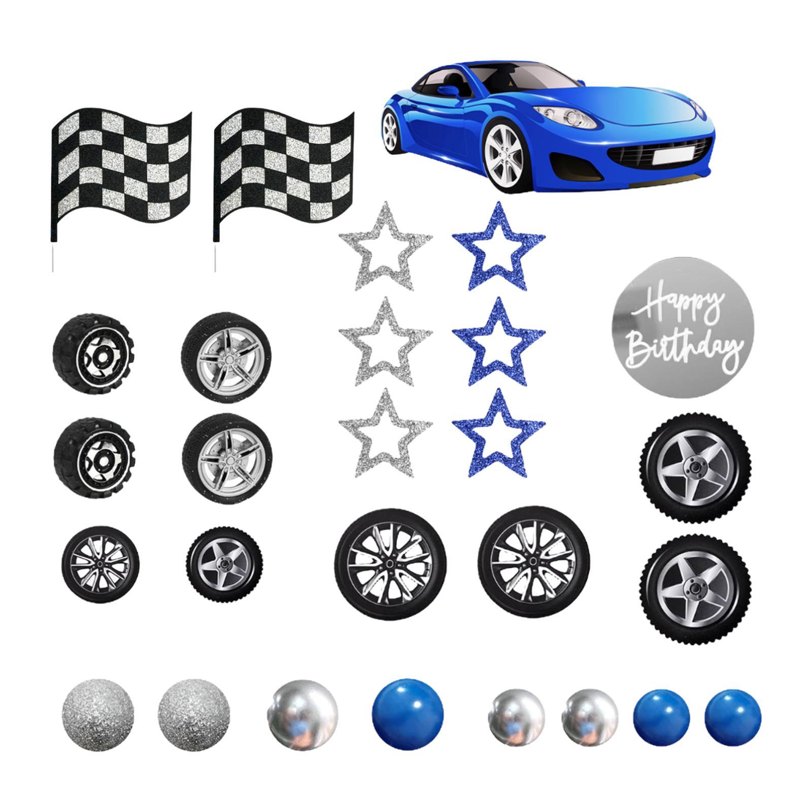

Racing Birthday Cake Topper Set Blue Car and Tyre Decor with Flags for Boy Children Party Supplies and Decorations синій