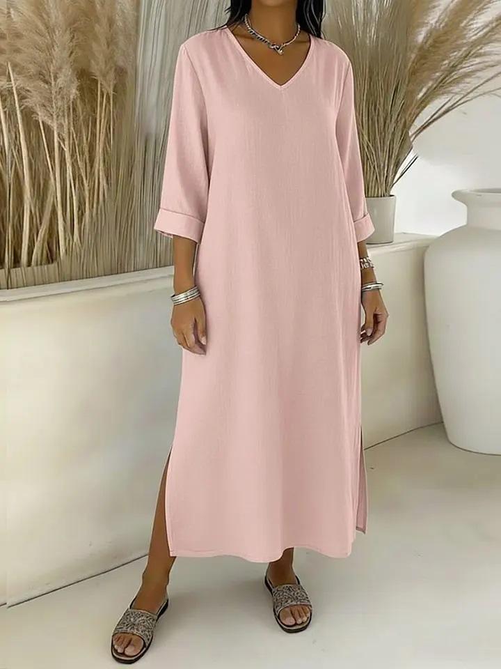 Damska sukienka bawełniano-lniana z dekoltem V, rękawem 3/4, fasonem A, na sezon Wiosna/Lato 2026 - Casualowa i luźna