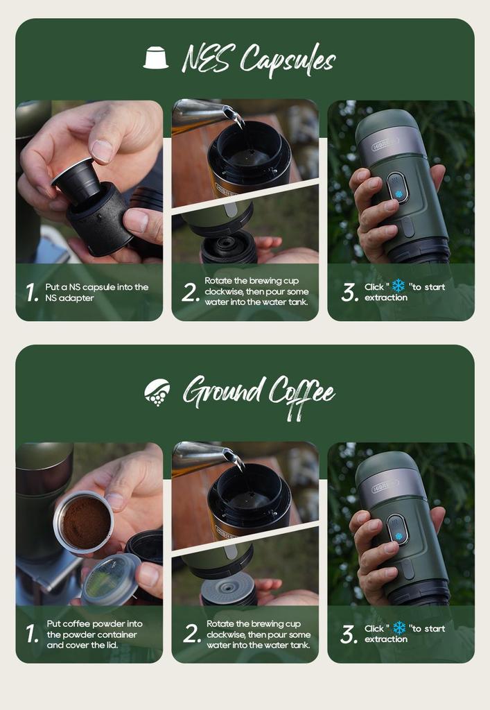 HiBREW H4B Wireless Portable 3 In 1 Espresso Coffee Maker - 15 Bar Pressure - 2200mAh Rechargeable Battery - 3 Cables Fpr Charging