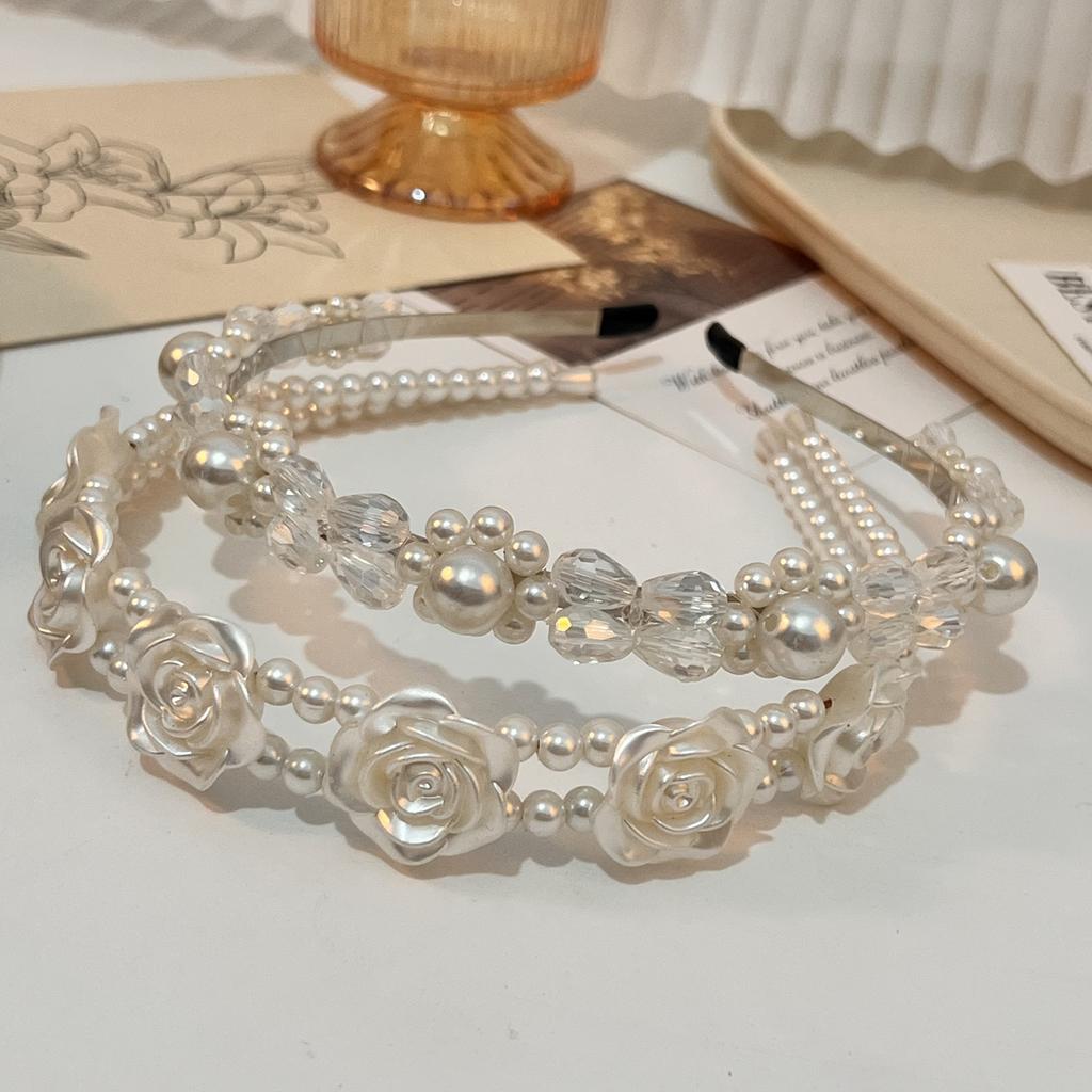 Sweet and Elegant Rose Red Faux Pearl Headband Women's Hair Accessory with Double-Layer Design, French Bridal Headpiece Suitable for Wedding