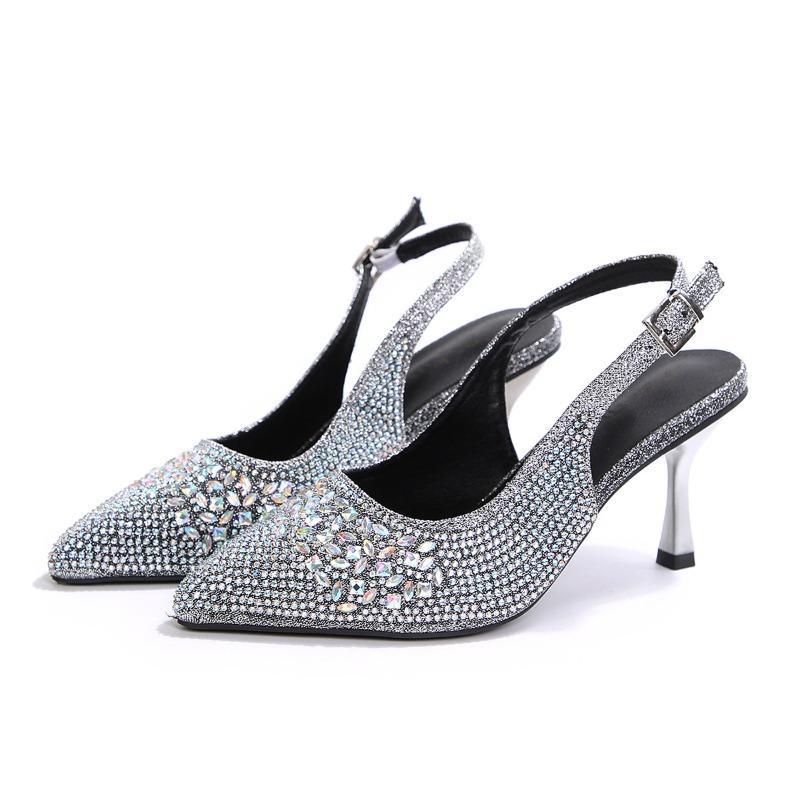 

New thin heel high heel sandals women s summer wear one word with rhinestone pointed head bag head single shoes versatile fashion 36 серый