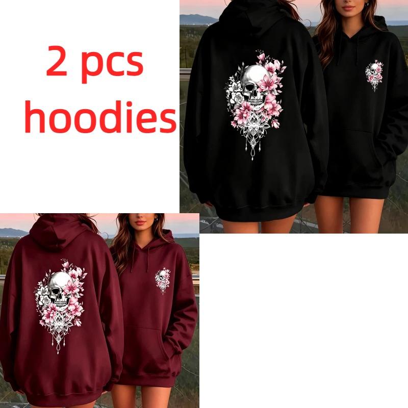 Autumn Womens Hoodies Gothic Skull Flower Printing Men Women Fashion Pullover Long Sleeves Loose Casual Vintage Sweatshirts