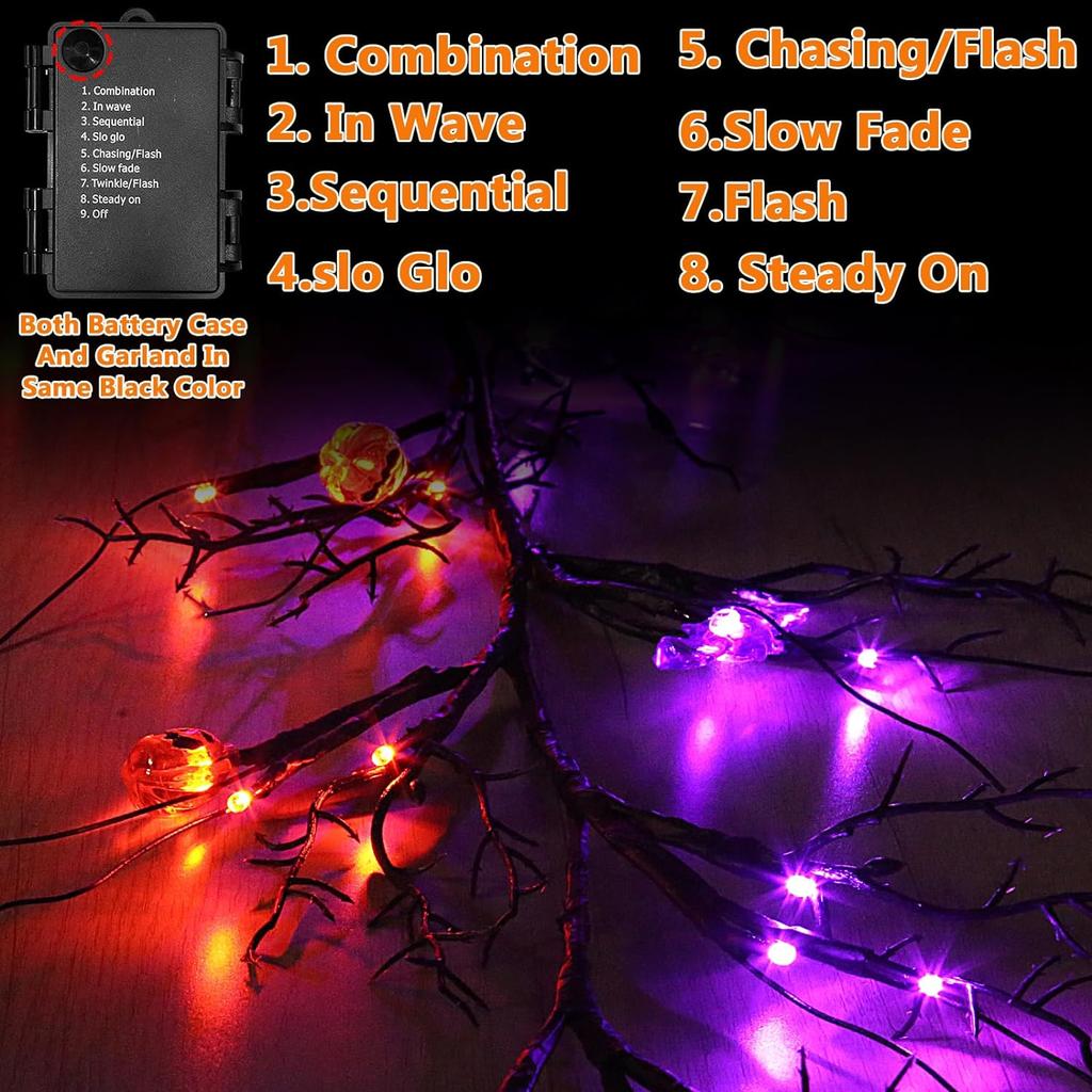 LED Willow Vine Twig Garland Battery Operated Waterproof Scary Halloween Decoration For Wall Mantle Fireplace Lighting
