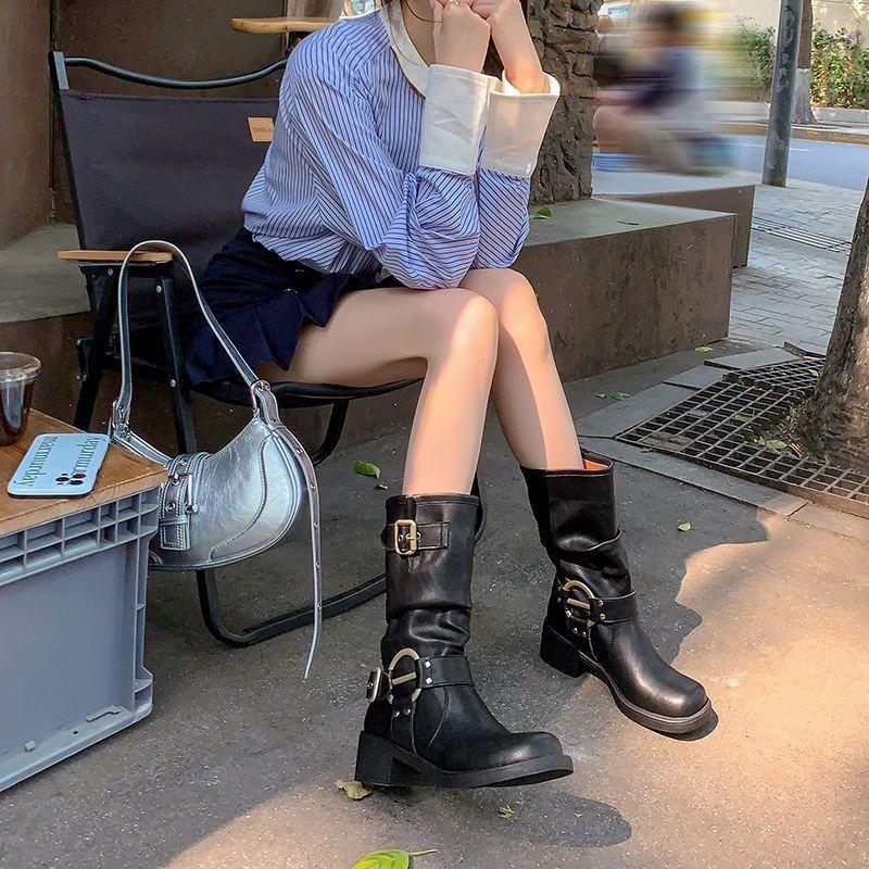 Western Cowboy Belt Buckle Pile Boots Medium Boots Tall Knight Boots Thick Heel Square Head Martin Boots