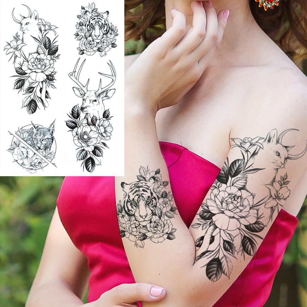 Owl Bird Temporary Tattoos For Women Fake Peony Flower Tattoo Sticker Black Body Art Drawing Tatto Diamond Crystal Jewelry Tatoo