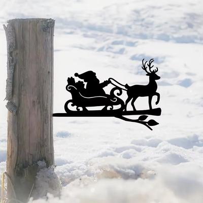 1 Stück Rentier und Weihnachtsmann Metall Wandkunst - Stahlsilhouette auf Ast, Ideal für Haus-, Garten- und Outdoor-Statuendekoration