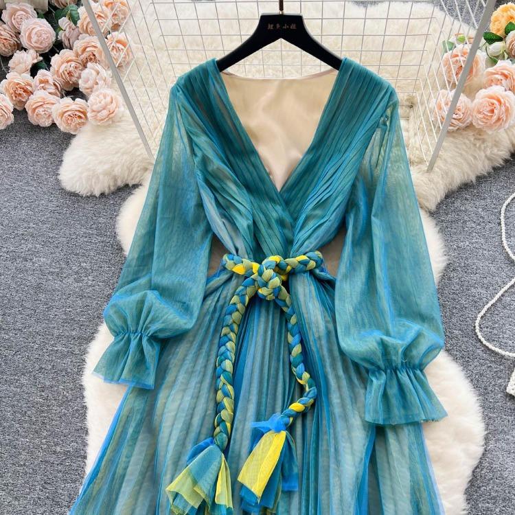 Fashion Bohe Women Mesh Party Long Dress V Neck Long Sleeves Gradient Lace Up A Line Sundress Pleated Maxi Dress