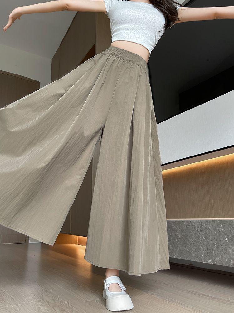 Loose High Waist A- Line Ice Silk Wide Leg Pants Lazy Style Women's Summer Slimming Casual Pants