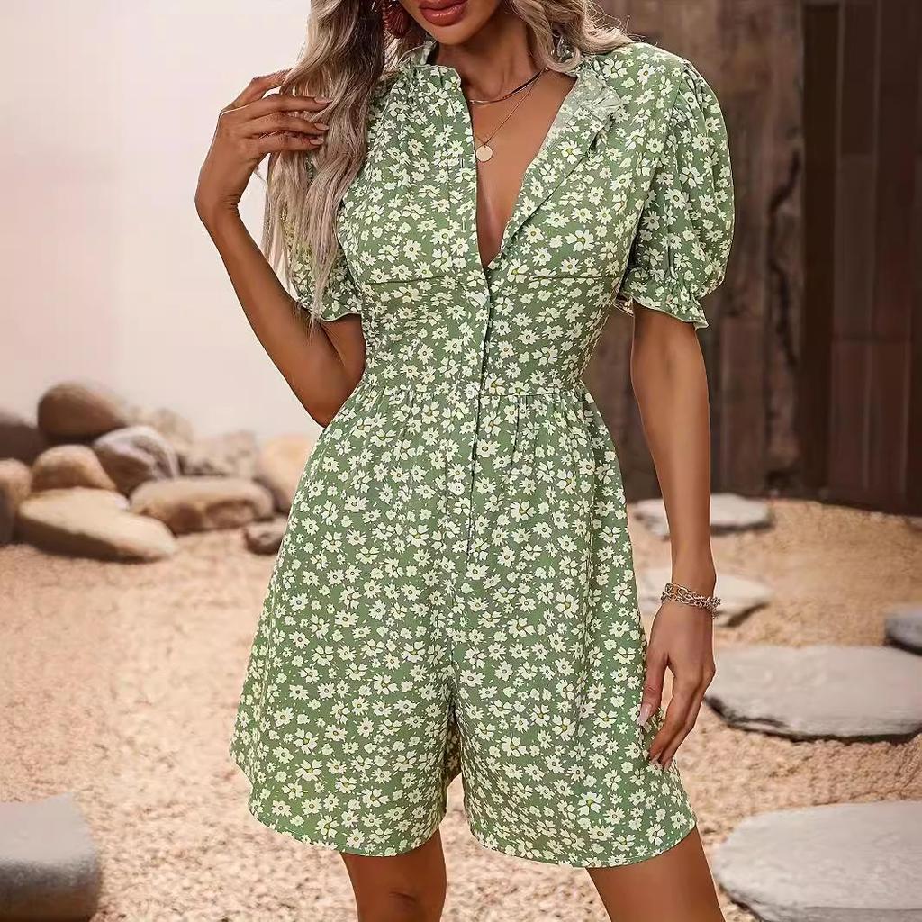 Temu Women's Daisy Print Puff Sleeve Jumpsuit - Fashionable Holiday Wear