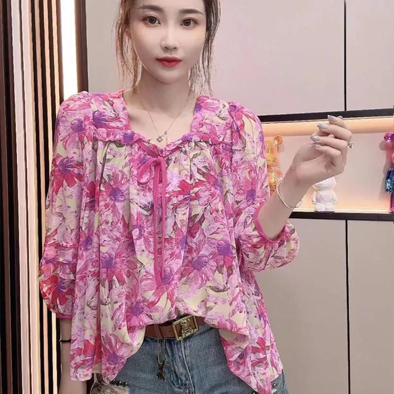 Women Summer Square Collar Chiffon Shirt Design Printing Drawstring Sun Protection Shirt Causal 3/4 Sleeve Tops