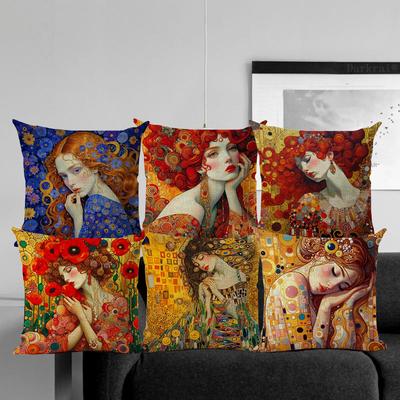 Gustav Klimt Art Theme Decorative Cushion Cover Classic Retro Style Beautiful Women Print Square Durable Linen Throw Pillow Case