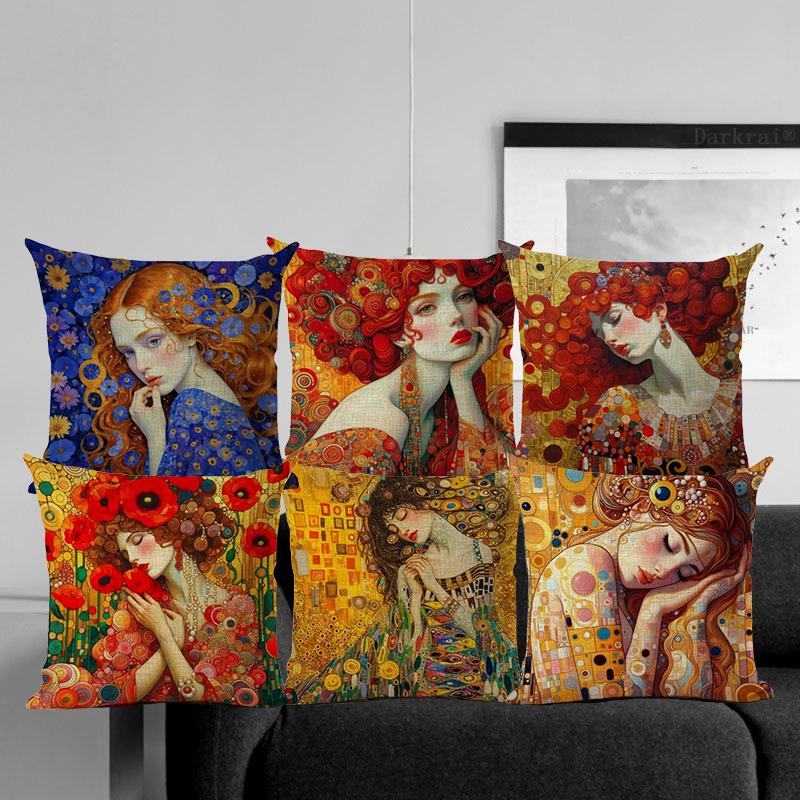 Gustav Klimt Art Theme Decorative Cushion Cover Classic Retro Style Beautiful Women Print Square Durable Linen Throw Pillow Case