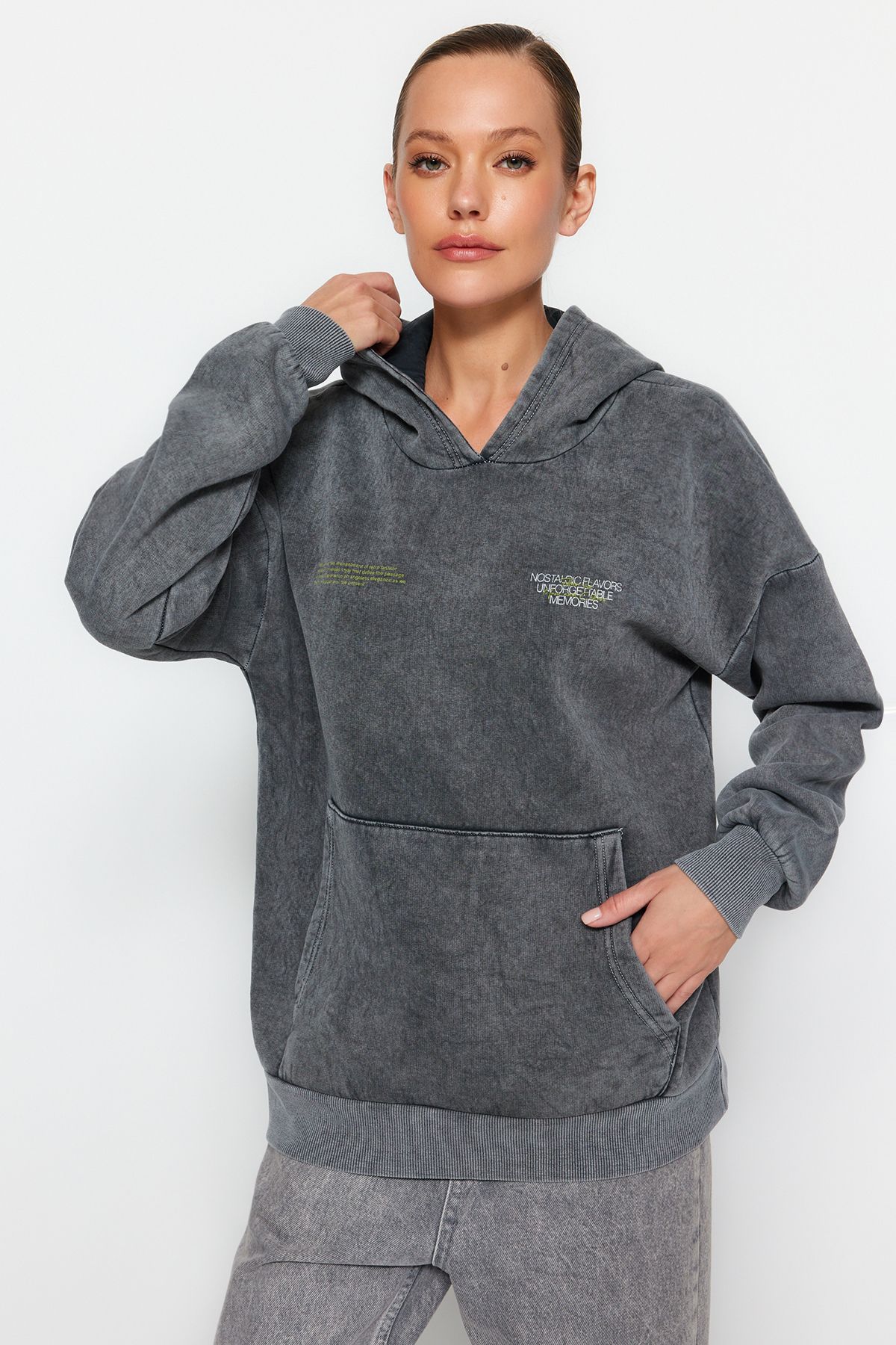 

Women s Fashionable Stylish Sweatshirt Anthracite Thick Inside Fleece Washing Effect Oversize Wide Fit Knitted Sweatshirt L