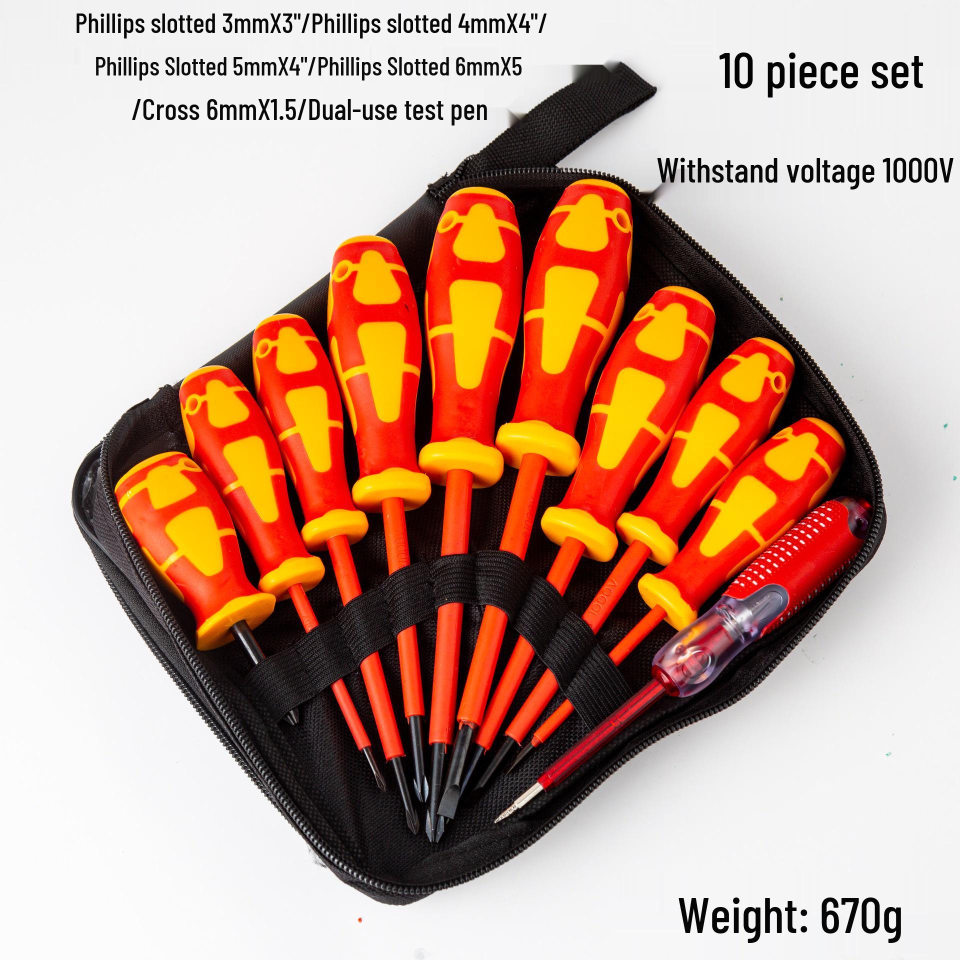 10-Piece Magnetic Insulated Screwdriver Set, 1000V Voltage Resistance, Phillips & Slotted