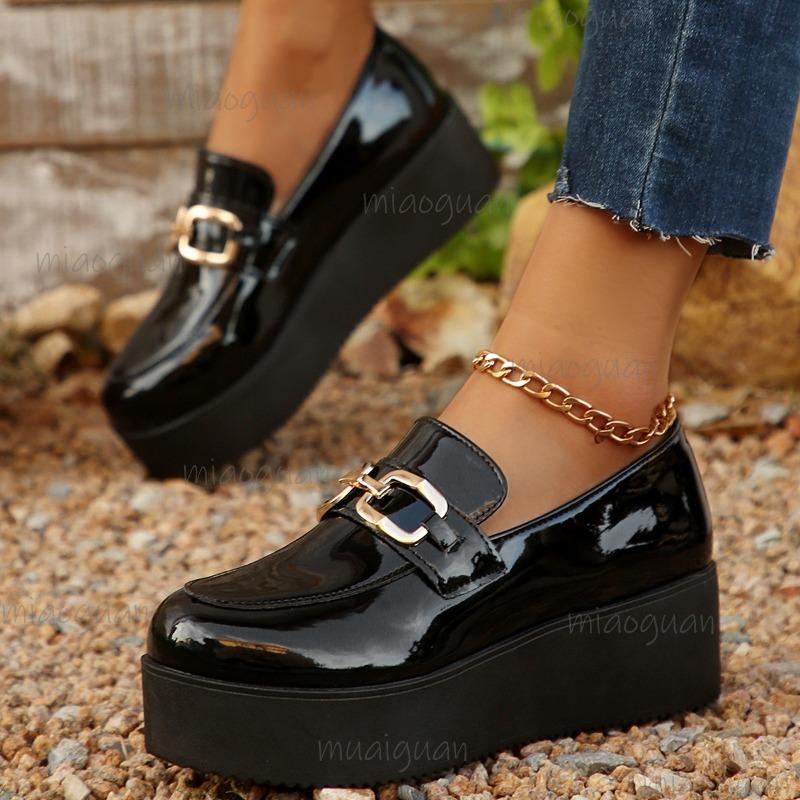 Black Thick-sole Loafers Shoes for Women Fashion Metal Chain Slip On Platform Shoes Patent Leather Woman Pumps Plus Size 36-43