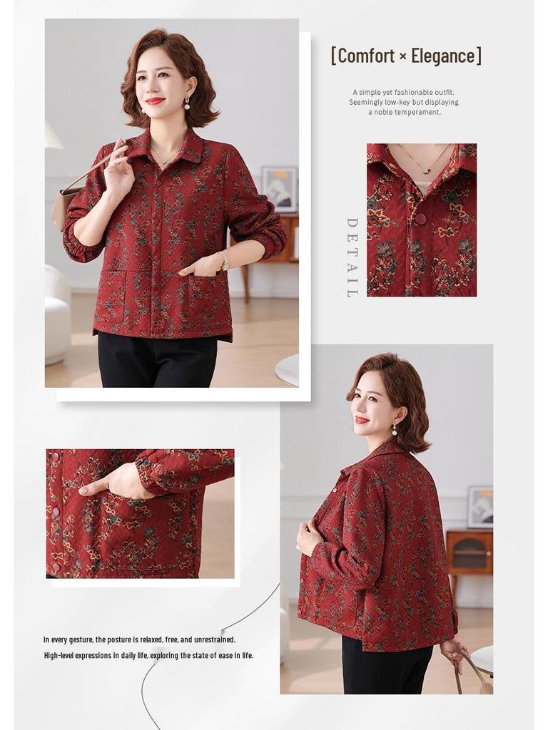 Mom's Autumn Print Zipper Cardigan – 2025 New Loose Lapel Jacket for Middle-Aged and Elderly Women
