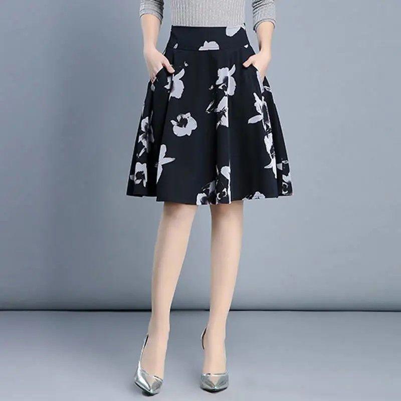 Summer New Print Half Length A-line Skirt Women Patchwork Pockets Elastic High Waist Elastic Versatile Slim Fashion Loose Skirts