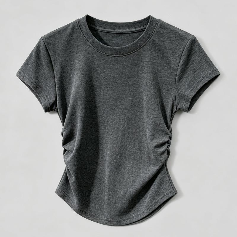 Women's Crew Neck Short Sleeve T-Shirt Waist Ruched Slim Fit Solid Color Milk Silk Casual Cropped Top Spring Summer Tee
