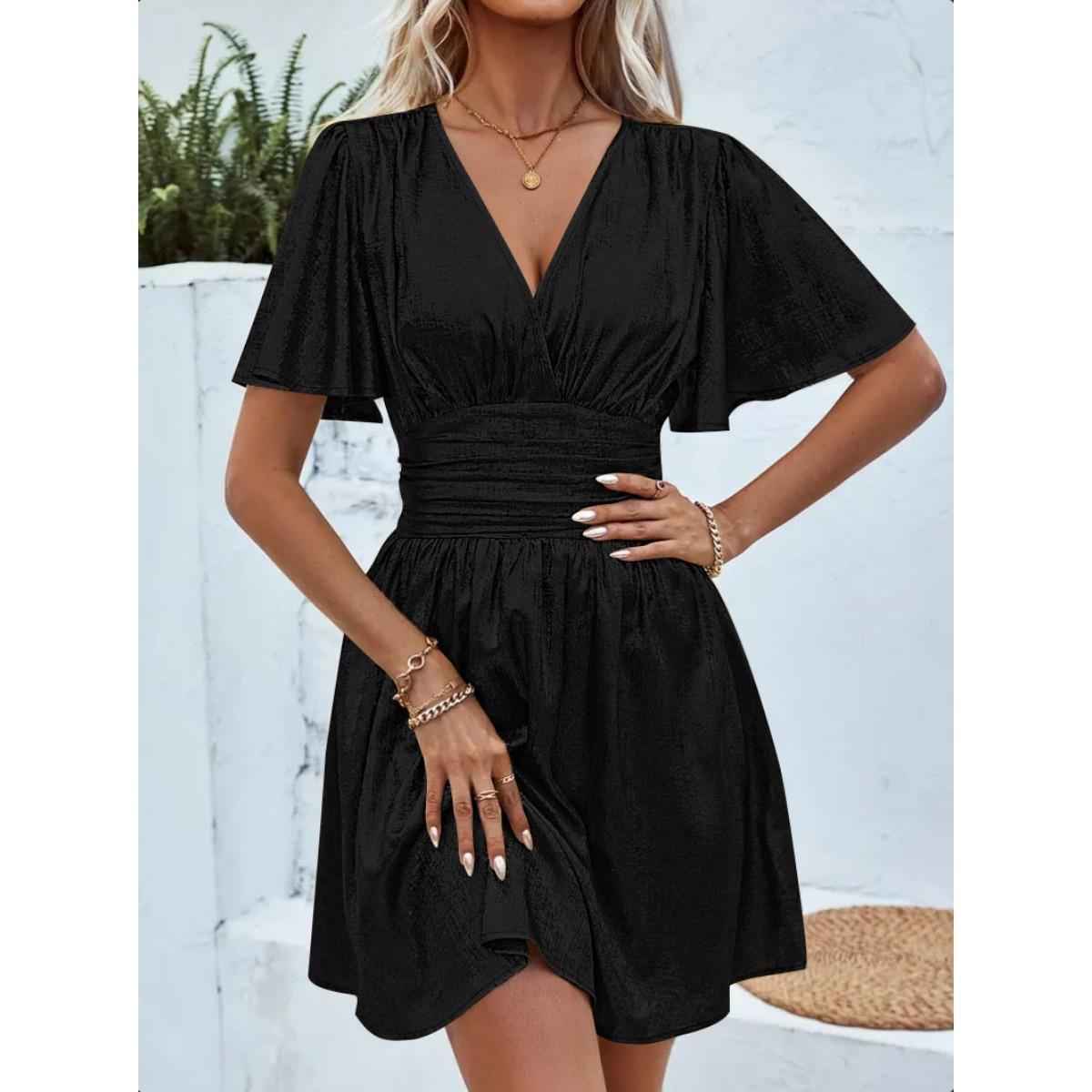 Summer Women s Metallic Solid Color V-neck Ruffle Sleeve Smocked Waist Dress S