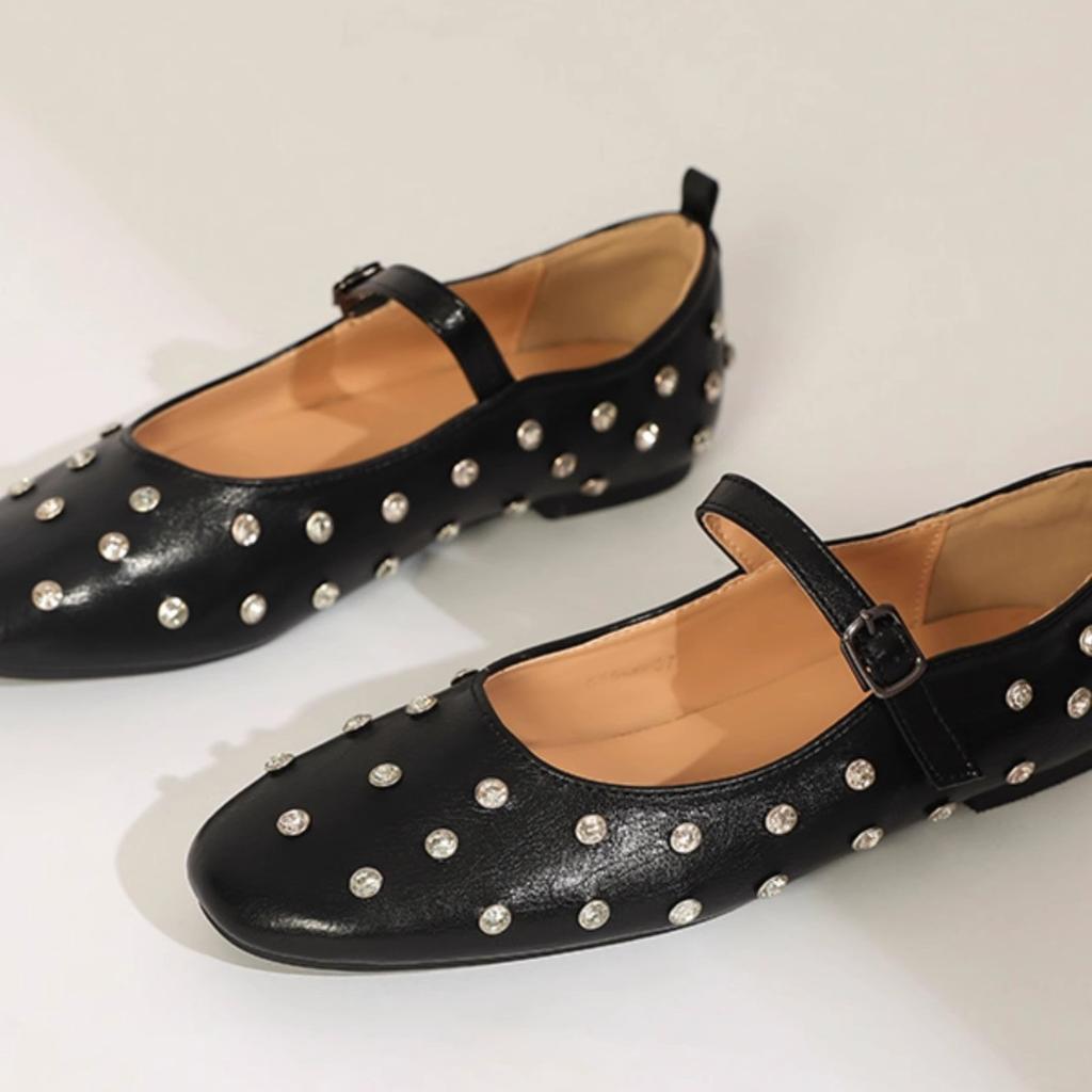 Sheepskin spring and summer new fashionable versatile one-word with rivet buckle leather soft Mary Jane ballet single shoes women