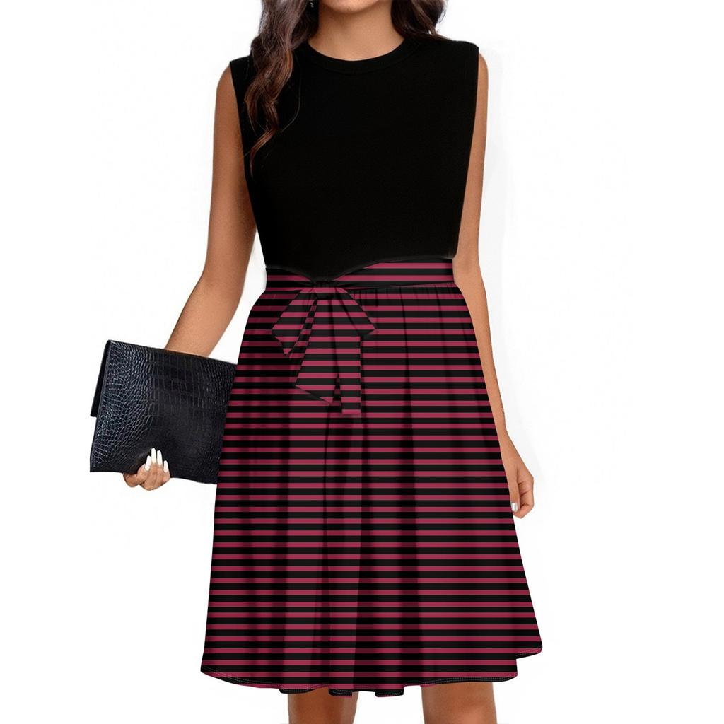 Women's Fashion Striped Printed Casual Lace-up Sleeveless Round Neck Splicing Short Dress
