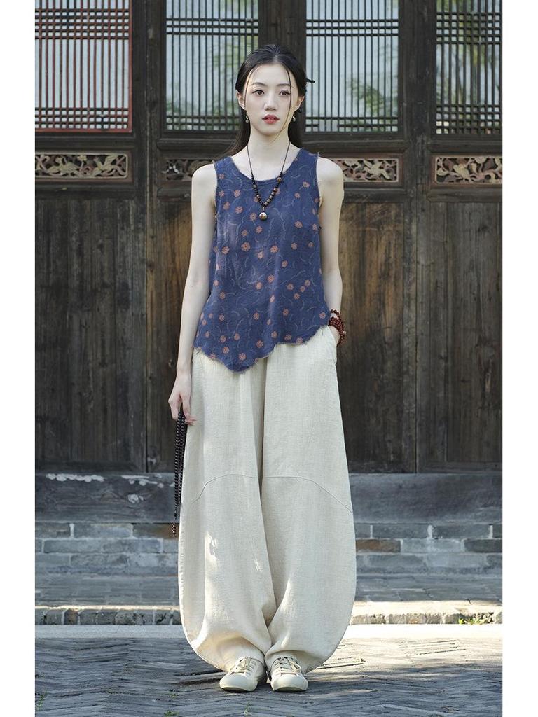Women's Retro Ramie Sand-Washed Distressed Loose Lantern Pants for Meditation and Tai Chi