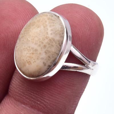 Natural Fossil Coral Gemstone Handmade 925 Sterling Silver Jewelry Ring S.6 w9U26