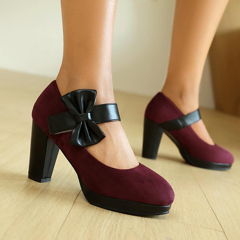 Suede Round Toe Chunky Heels with High Heels Bow Velcro Line with Single Shoes
