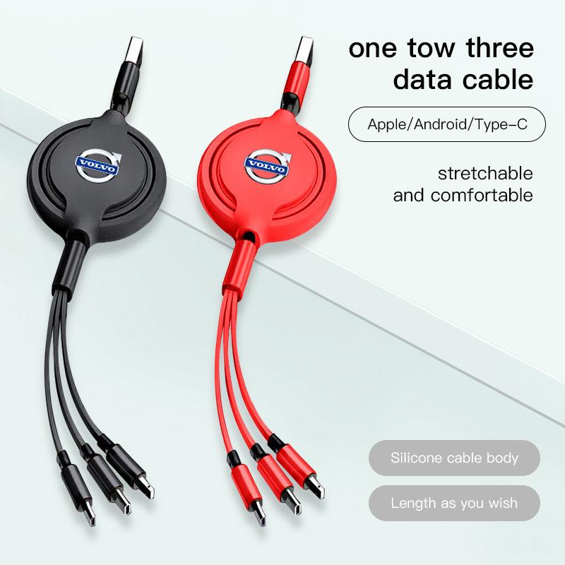 3 In 1 Retractable 100W Fast Car Charge Data Cable USB Type C For Volvo XC90 V90 V60 XC60 V40 EC40 EX40 S80 S60 S90 C40 XC40 V70