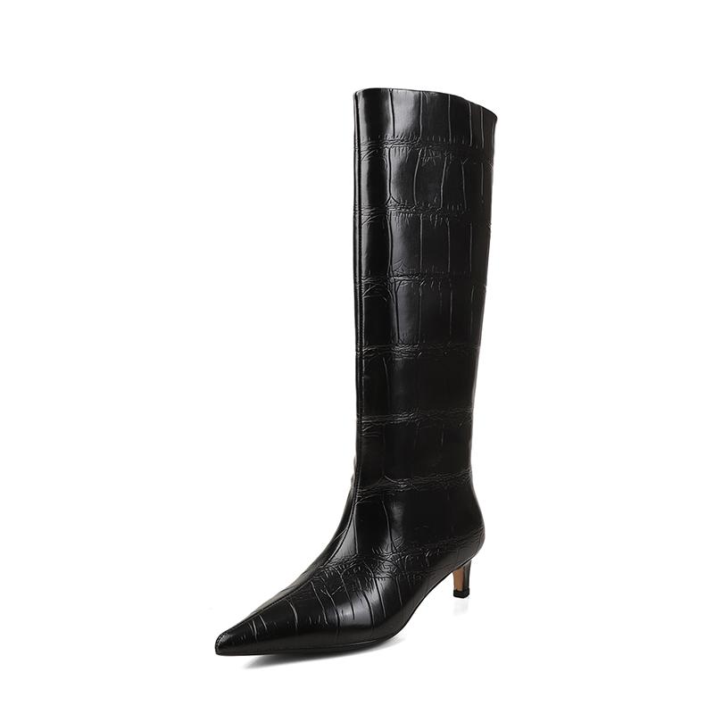 Fashion 2025 Autumn Women Boots Split Leather Women Shoes Pointed Toe Thin Heel Slip-on Knee High Boots Western Modern Ladies Boots