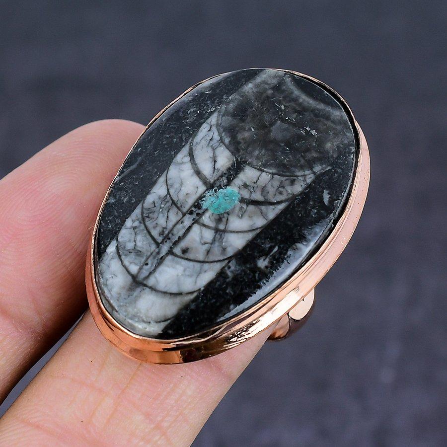 Natural Orthoceras Fossil Gemstone Handmade Copper Jewelry Ring Size 9 q5M40