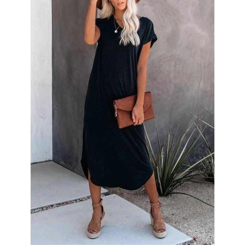 

Fashion Solid Color and V-neck Side Slit Thin Dress Elegant Summer New Arrival Stylish Easiest for Match Short Sleeve Dress Women Black S