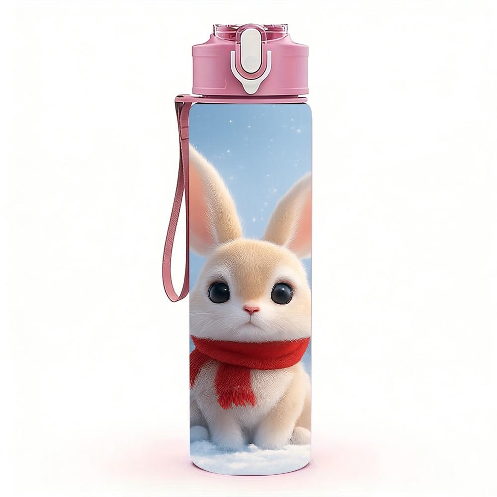 1PC White Rabbit Red Scarf Winter Print 750ml Color Plastic Sports Water Bottle Leakproof Flip Straw Lid Suitable for Sports Office Home Use