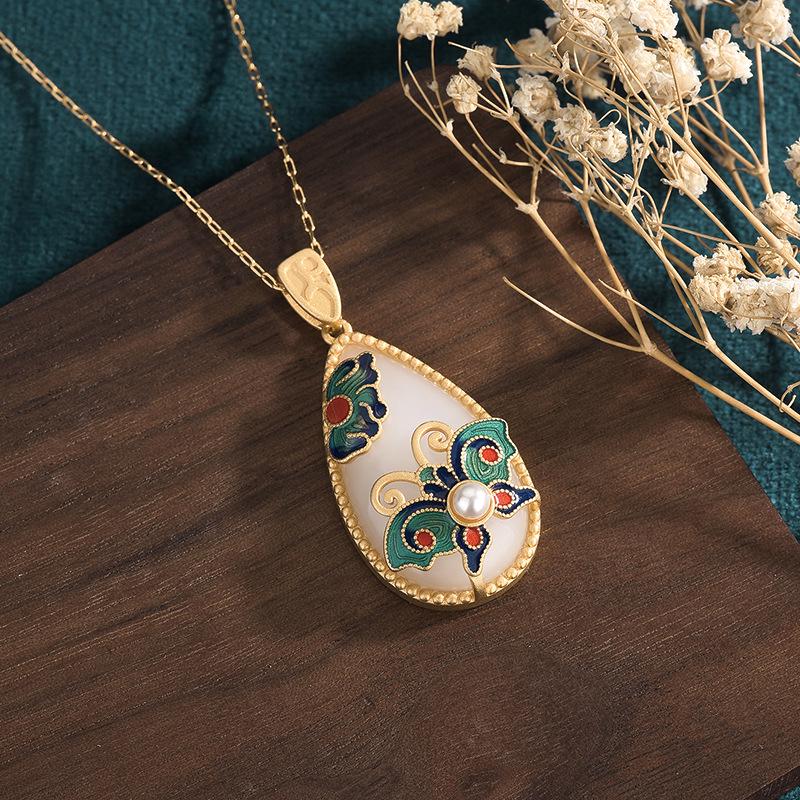 Cloisonné Enamel Necklace with 24K Gold-Plated Copper and Imitation Hetian Jade Pendant: Chinese Style Qipao Hanfu Accessory