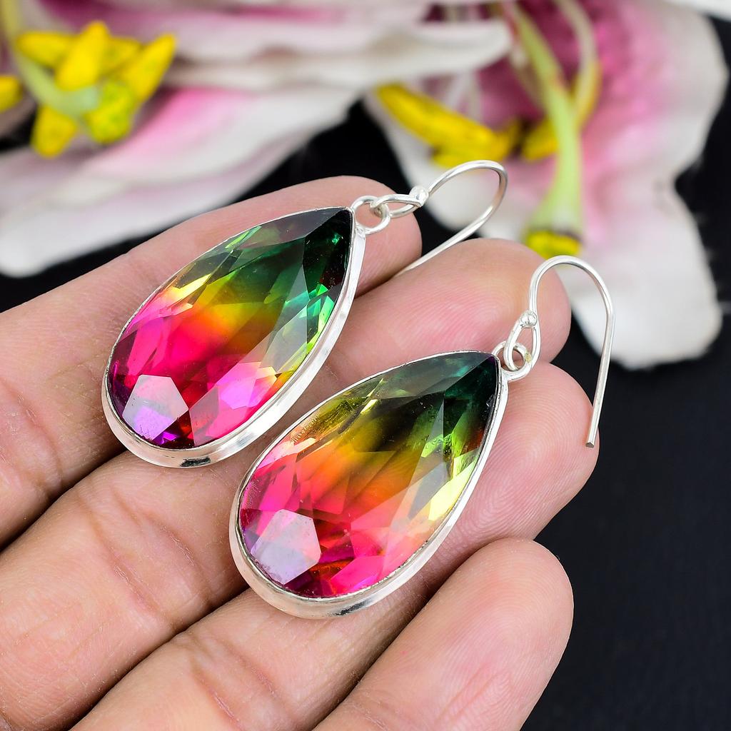 Bi-Color Tourmaline Gemstone 925 Sterling Silver Jewelry Earring 2.13" KG-1760