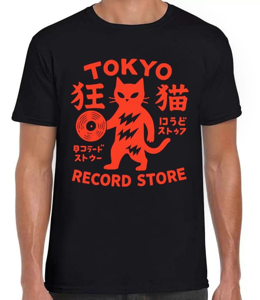 Tokyo Record Store Cat Vinyl Record Player Rock Dj Japan Black Tee T Shirt 453
