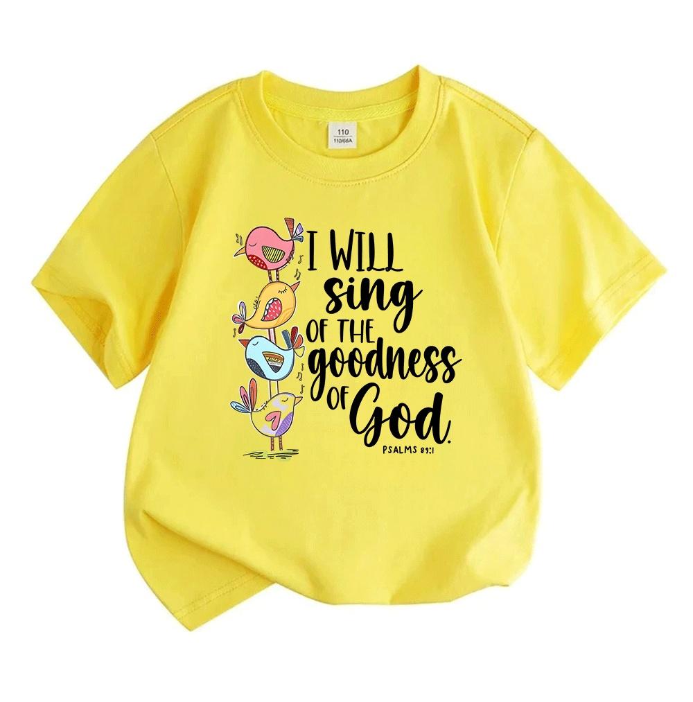 Kids Boys Girls 100% Cotton Crew Neck Short Sleeve T-Shirt, I Will Sing of The Goodness God Psalm 101 Cute Stacked Birds Print Casual Summer Tee Tops