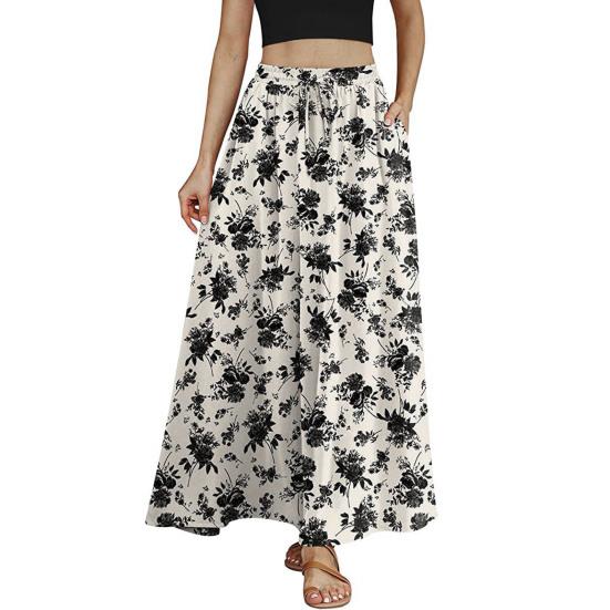 Maxi Skirt Adjustable Drawstring Elastic High Waist Long Skirt with Large Hem Floral Print Pockets Women Skirt