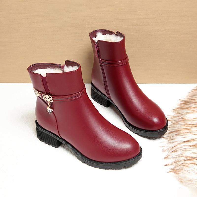 Coarse-heeled Short Boots Women's Velvet, Autumn and Winter Large Cotton Leather Shoes Soft Leather Mother Cotton Shoes  Elderly Thick-haired Boots