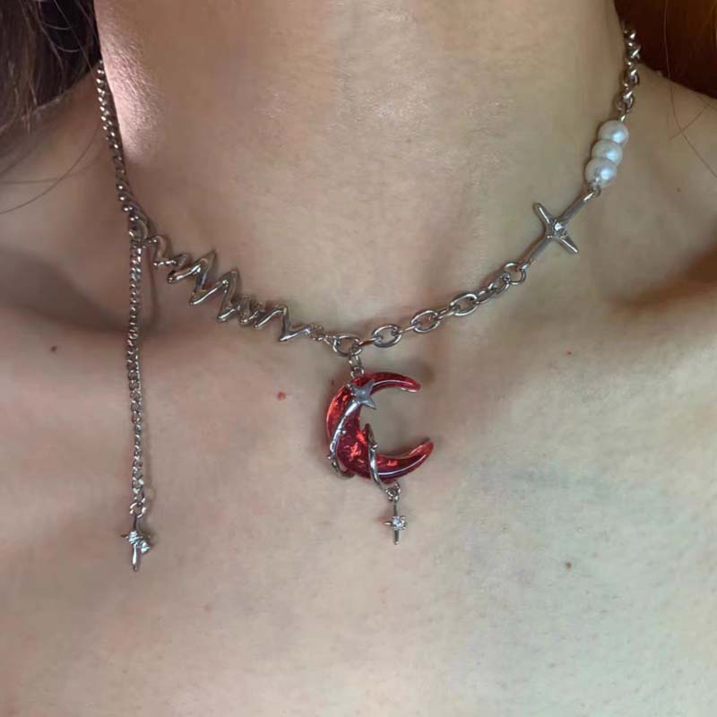 Punk Red Crystal Cross Moon Pendent Necklace for Women Men Gothic Hip Hop Star Tassel Chain Necklace Aesthetic Zircon Gifts