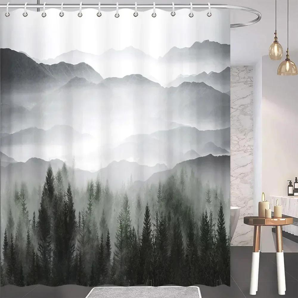 

Natural Bathroom Decor Shower Curtain Grey White Mountains Birds Pine Forest Landscape Scenery Bathroom Curtains Fabric Washable 170x180cm-67x70in