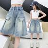 Long Style Kids Child Design Jeans Capris Shorts with Fake Pocket Girls High Fashion Summer Mid Calf Denim Shorts