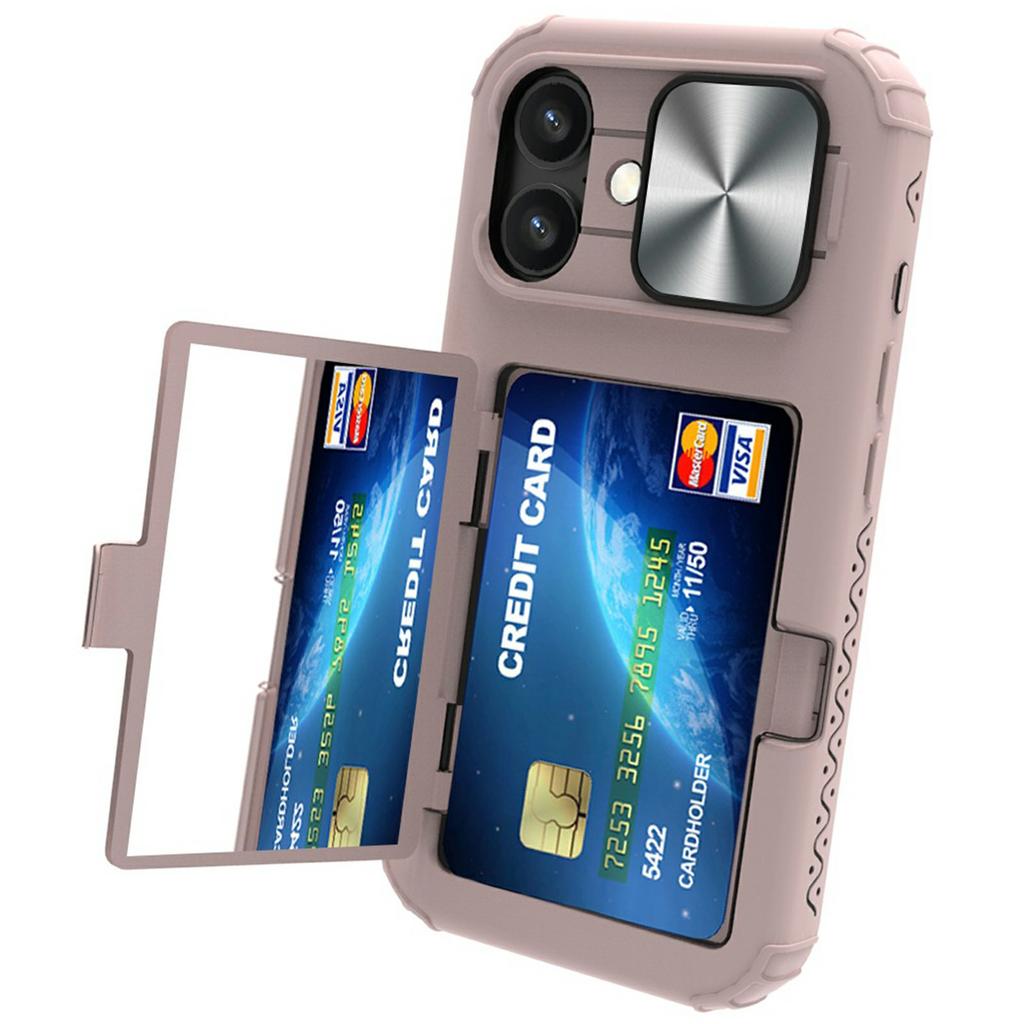 For iPhone 16 Case Card Holder Mirror PC+TPU Phone Shell with Lens Cover